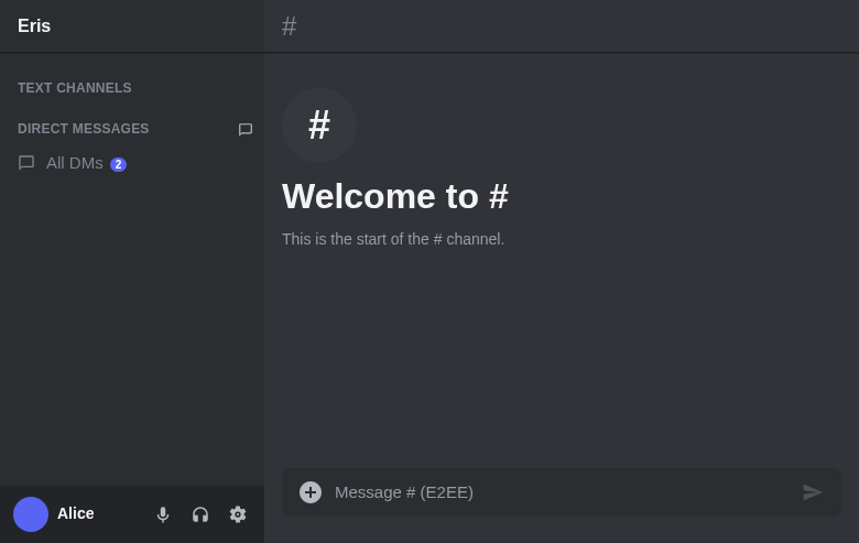 Eris chat interface showing channels, messages, and direct message sidebar