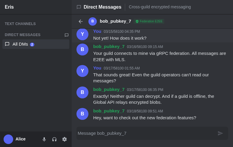 Eris end-to-end encrypted direct message showing the E2EE badge